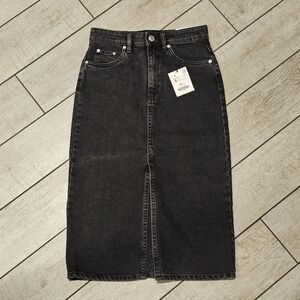 Zara Skirt Denim Jean Slit Front High Waist Pencil Black Straight S Small New